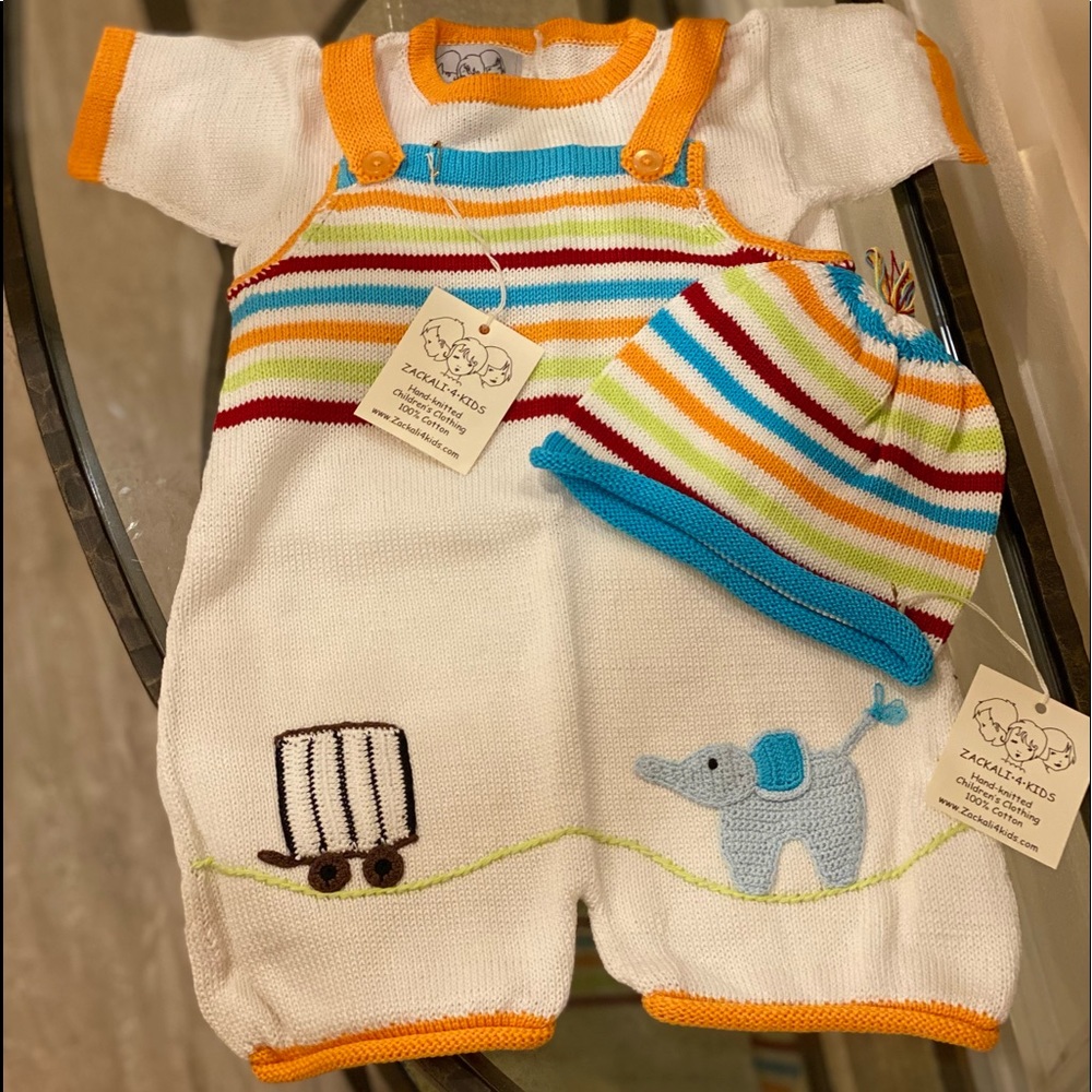 NWT *ZACKALI 4 KIDS* Hand-Knitted Cotton *CIRCUS* 3-Piece Romper Set…Size: 24M/2
